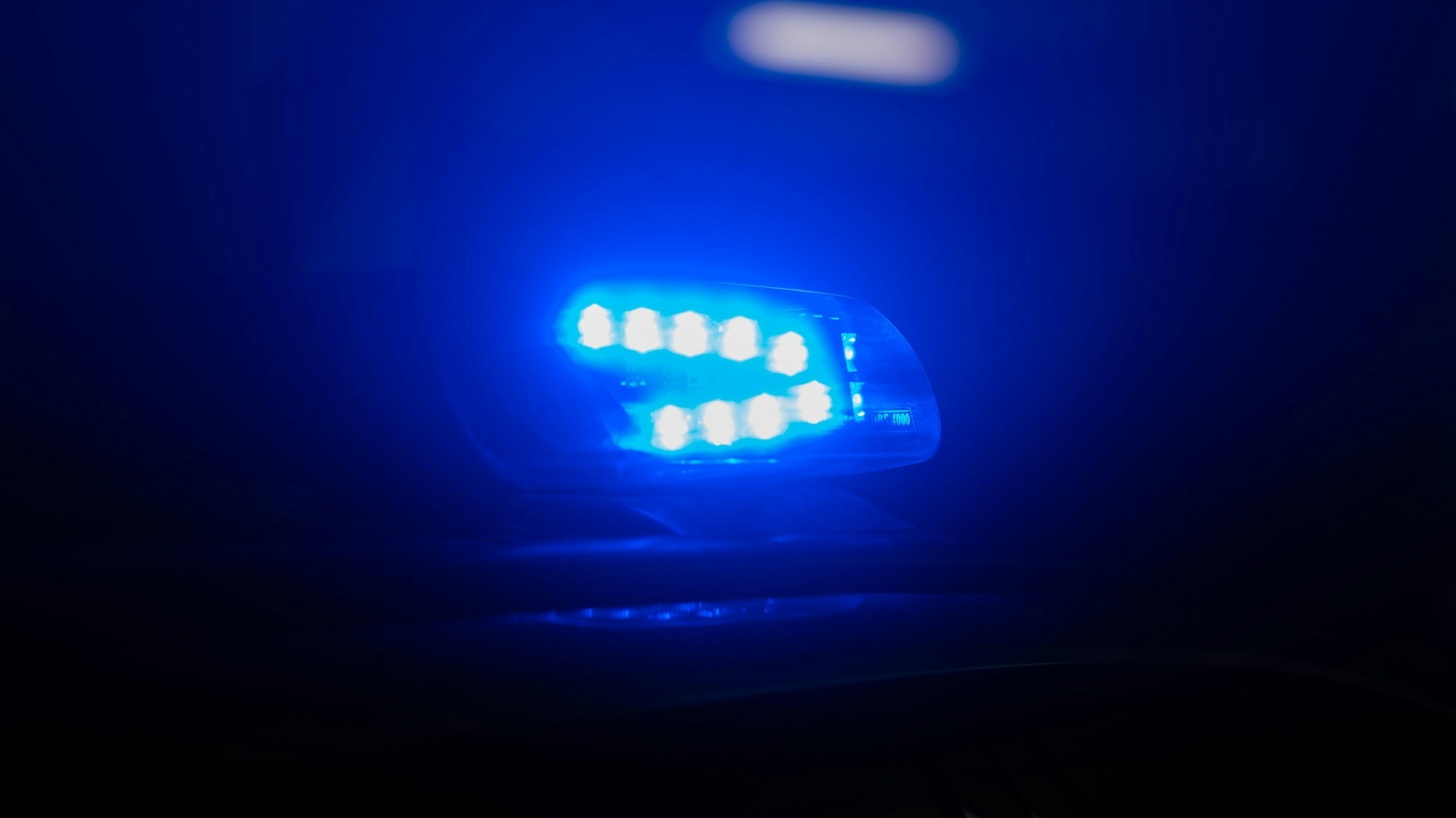 Blaulicht leuchtet auf dem Dach eines Polizeiautos.