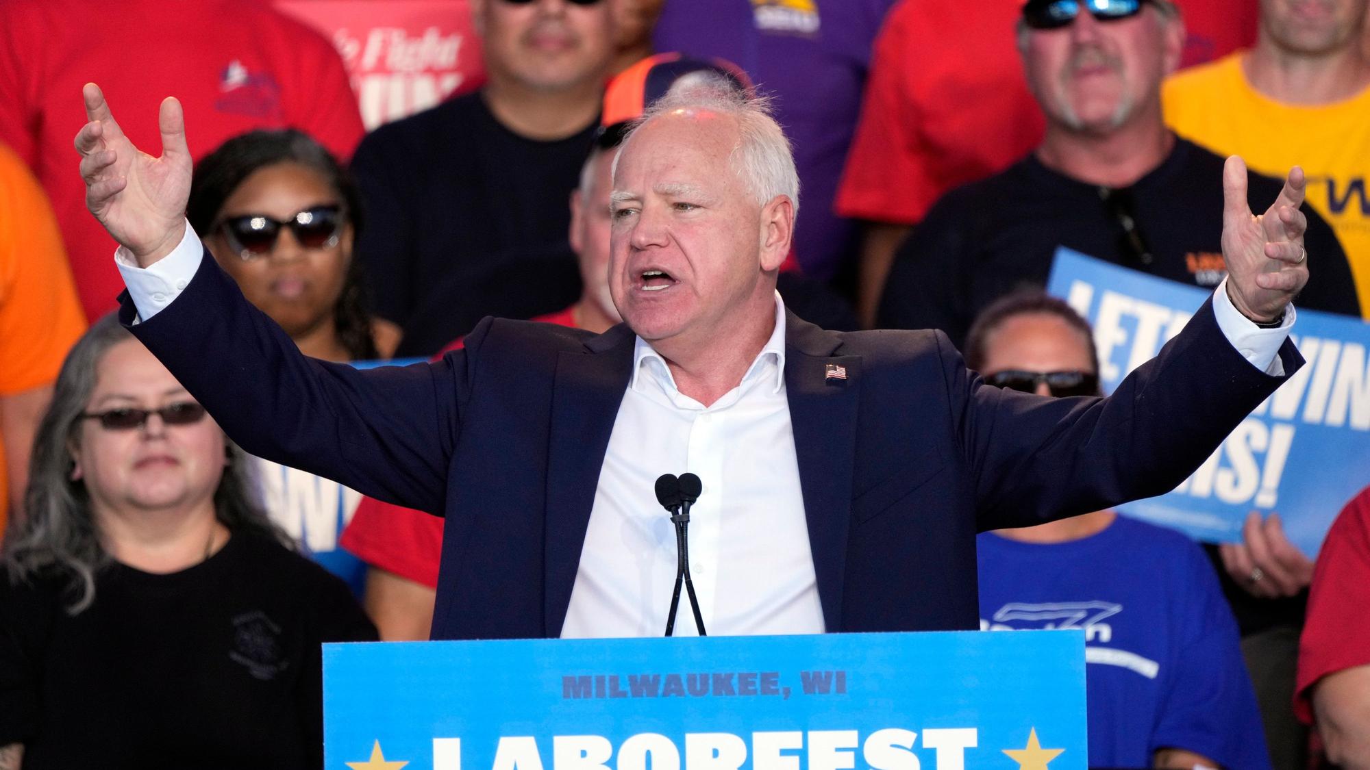 Democratic vice presidential nominee Minnesota Gov. Tim Walz speaks during a campaign stop at Laborfest Monday, Sept. 2, 2024, in Milwaukee. (AP Photo/Morry Gash)
