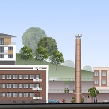 Eine Visualisierung zeigt das Gelände der Alten Bücherfabrik mit Neubauten.