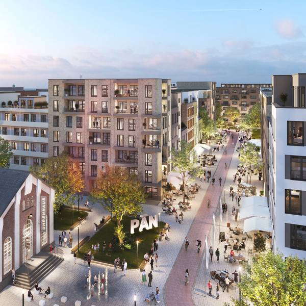 Visualisierungen Max-Becker-Areal in Ehrenfeld, genannt "Pan". Das Uhrenhaus links im Bild ist denkmalgeschützt und in das neue Quartier integriert.