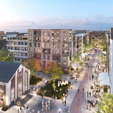 Visualisierungen Max-Becker-Areal in Ehrenfeld, genannt "Pan". Das Uhrenhaus links im Bild ist denkmalgeschützt und in das neue Quartier integriert.