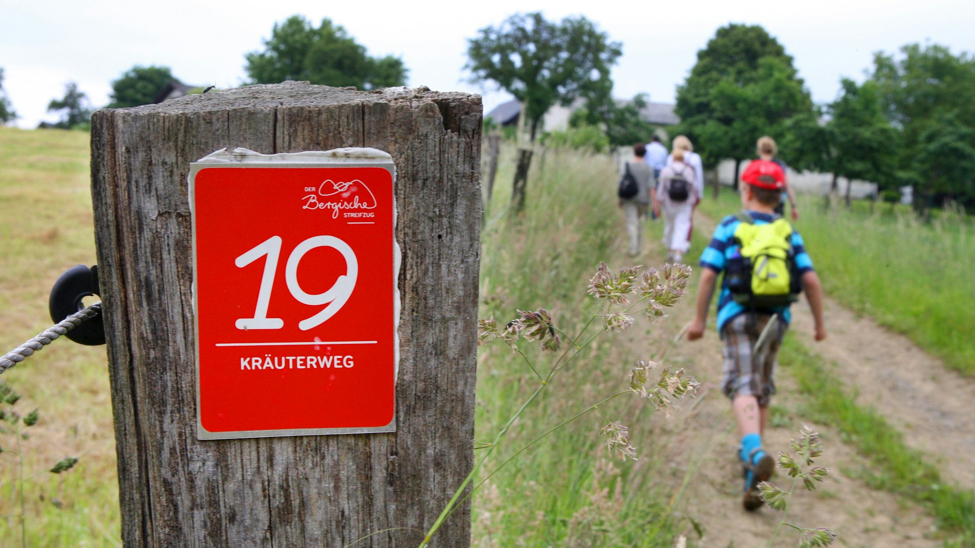 Eine Wandergruppe geht über einen Wirtschaftsweg, an einem Pfosten am Wegesrand ist die Wegemarkierung des Bergischen Streifzugs Nummer 19 (Kräuterweg) zu sehen.