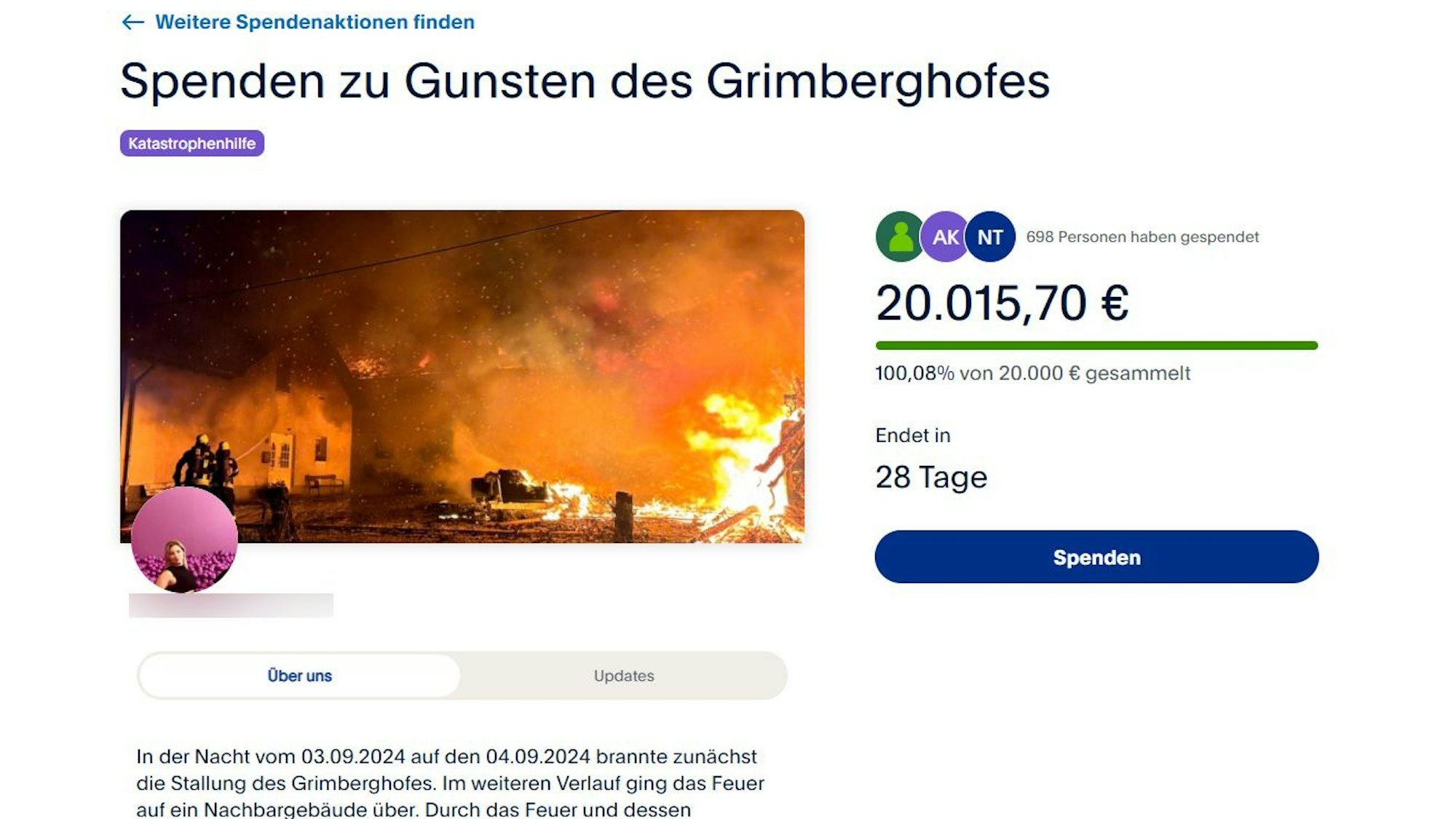 Eine Paypal-Spendenseite im Internet zeigt eine Aktion „Spenden zu Gunsten des Grimberghofes“.