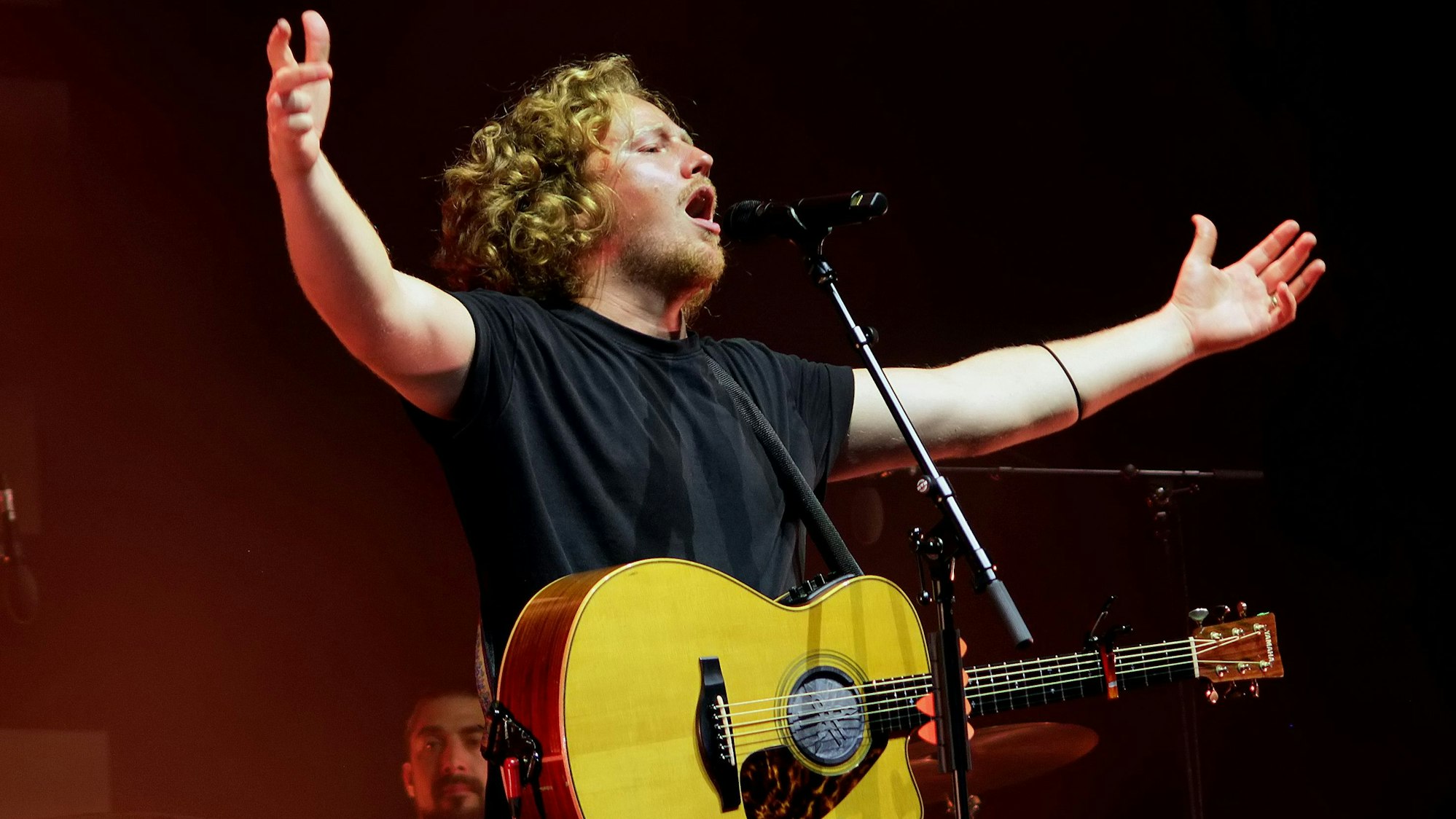 Ein Mann mit Gitarre singt auf einer Bühne.