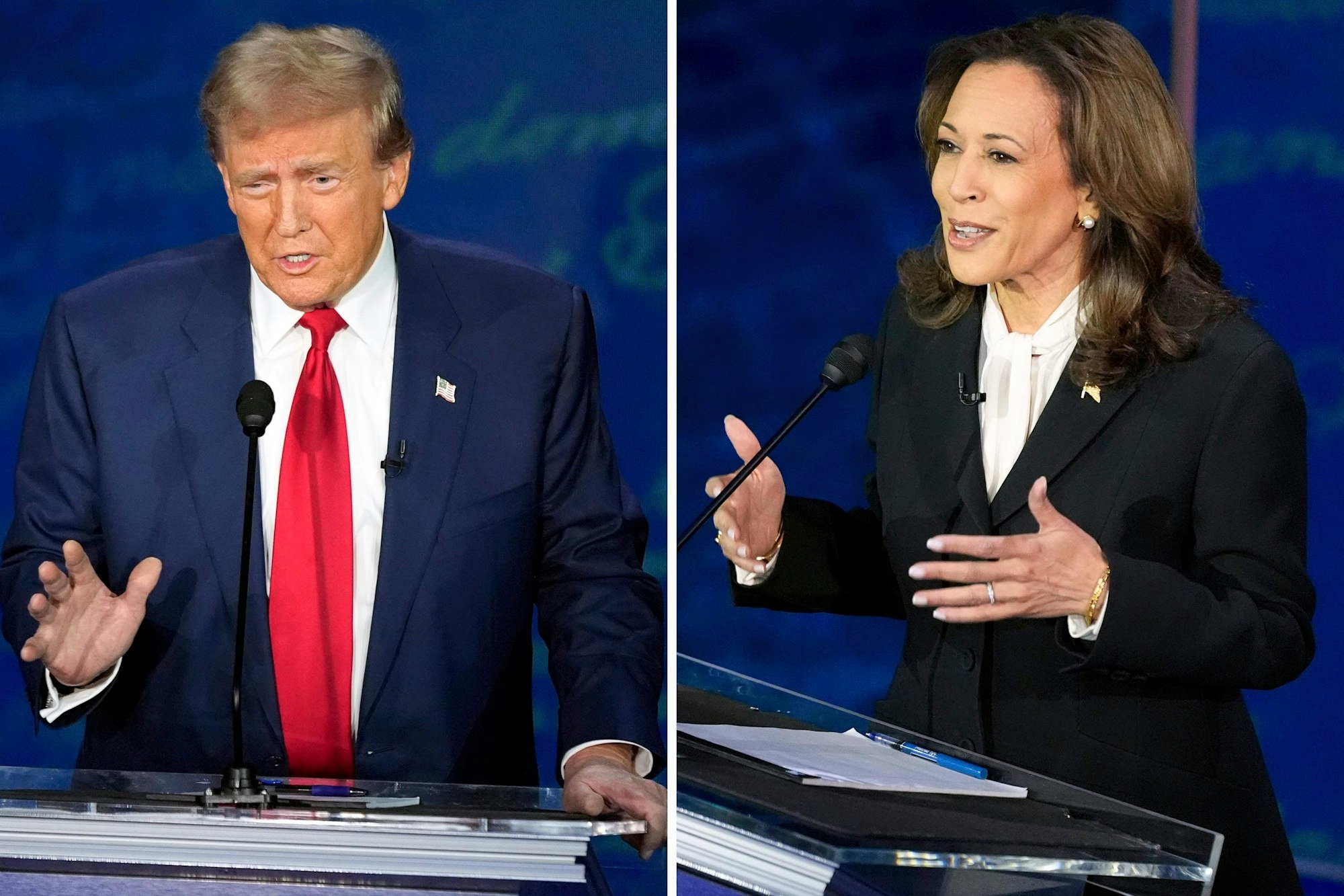Diese Fotokombination zeigt den republikanischen Präsidentschaftskandidaten und ehemaligen US-Präsidenten Donald Trump (l) und die demokratische Präsidentschaftskandidatin und US-Vizepräsidentin Kamala Harris während einer ABC News Präsidentschaftsdebatte im National Constitution Center.