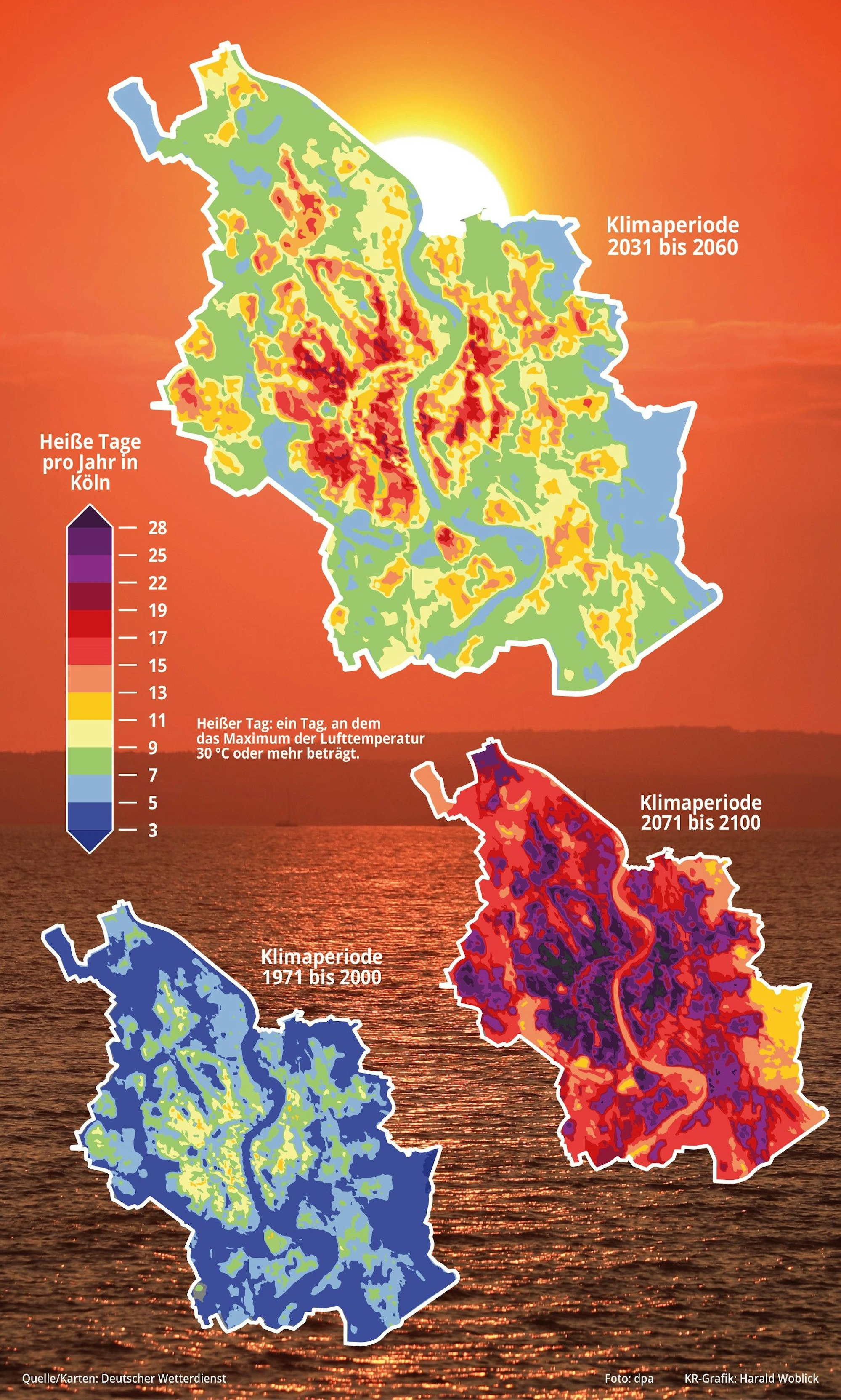 Simulationen des DWD zeigen, dass die Zahl heißer Tage in Köln künftig stark zunehmen wird. Gegenüber den Jahren 1971 bis 2000 könnte sich ihre Zahl bis Mitte des Jahrhunderts verdoppeln.