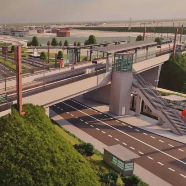 Die Animation zeigt den neuen Bahnhof in Hürth inklusive der Brücke über die Bonnstraße.