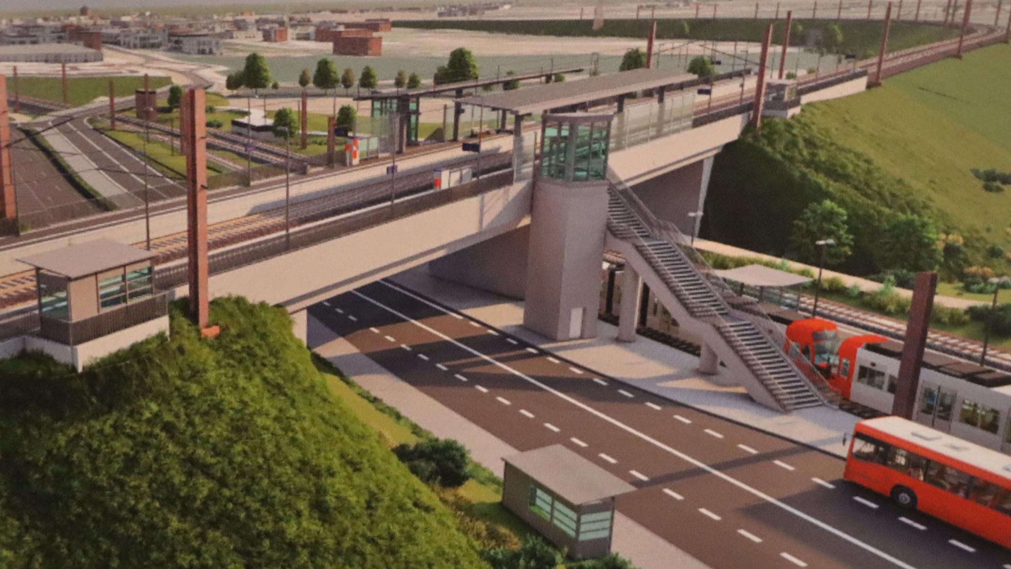 Die Animation zeigt den neuen Bahnhof in Hürth inklusive der Brücke über die Bonnstraße.