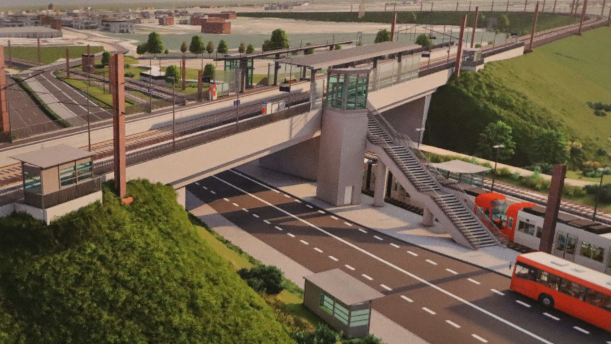 Die Animation zeigt den neuen Bahnhof in Hürth inklusive der Brücke über die Bonnstraße.
