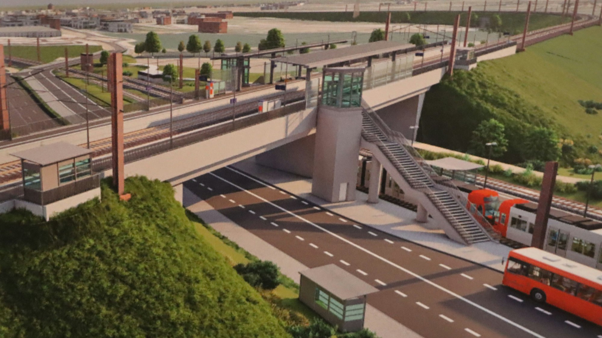 Die Animation zeigt den neuen Bahnhof in Hürth inklusive der Brücke über die Bonnstraße.