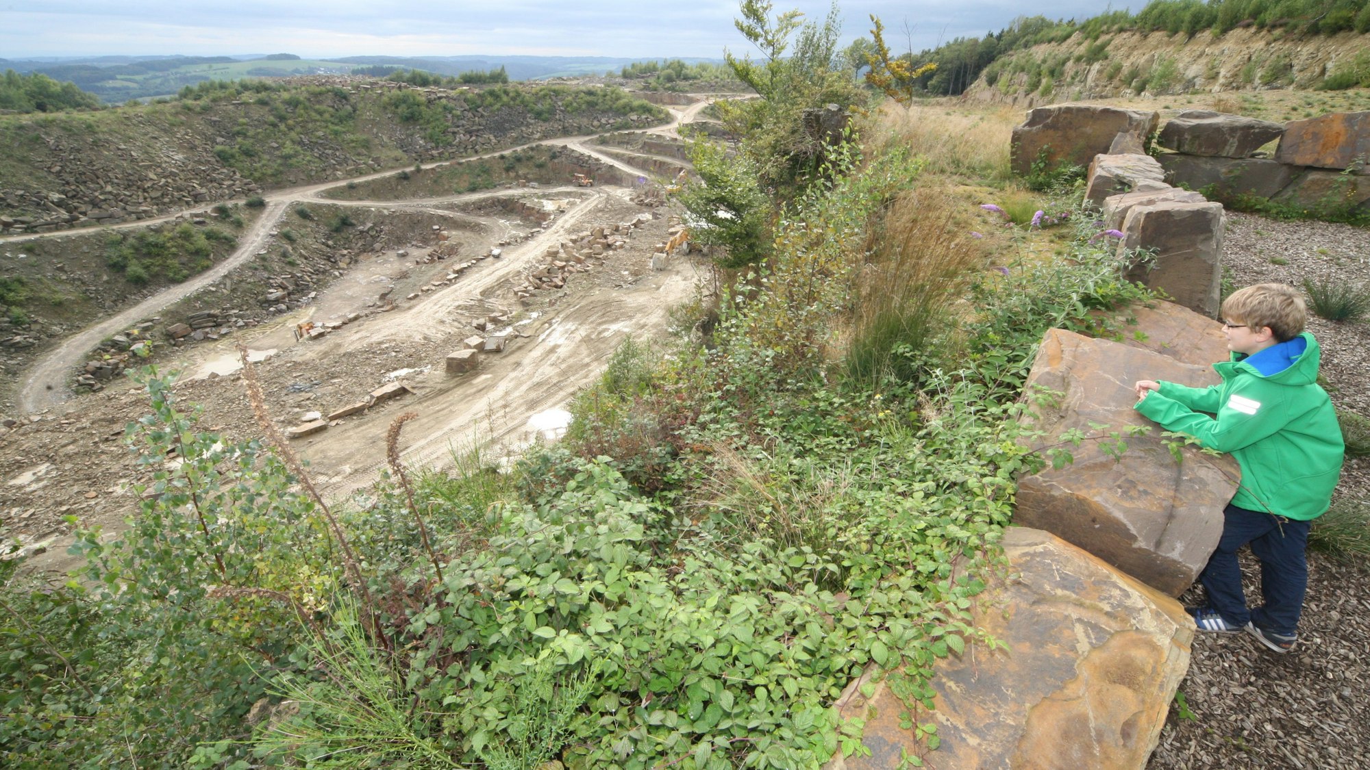 Ein Kind schaut vom Steinhauerpfad in einen Steinbruch bei Lindlar.