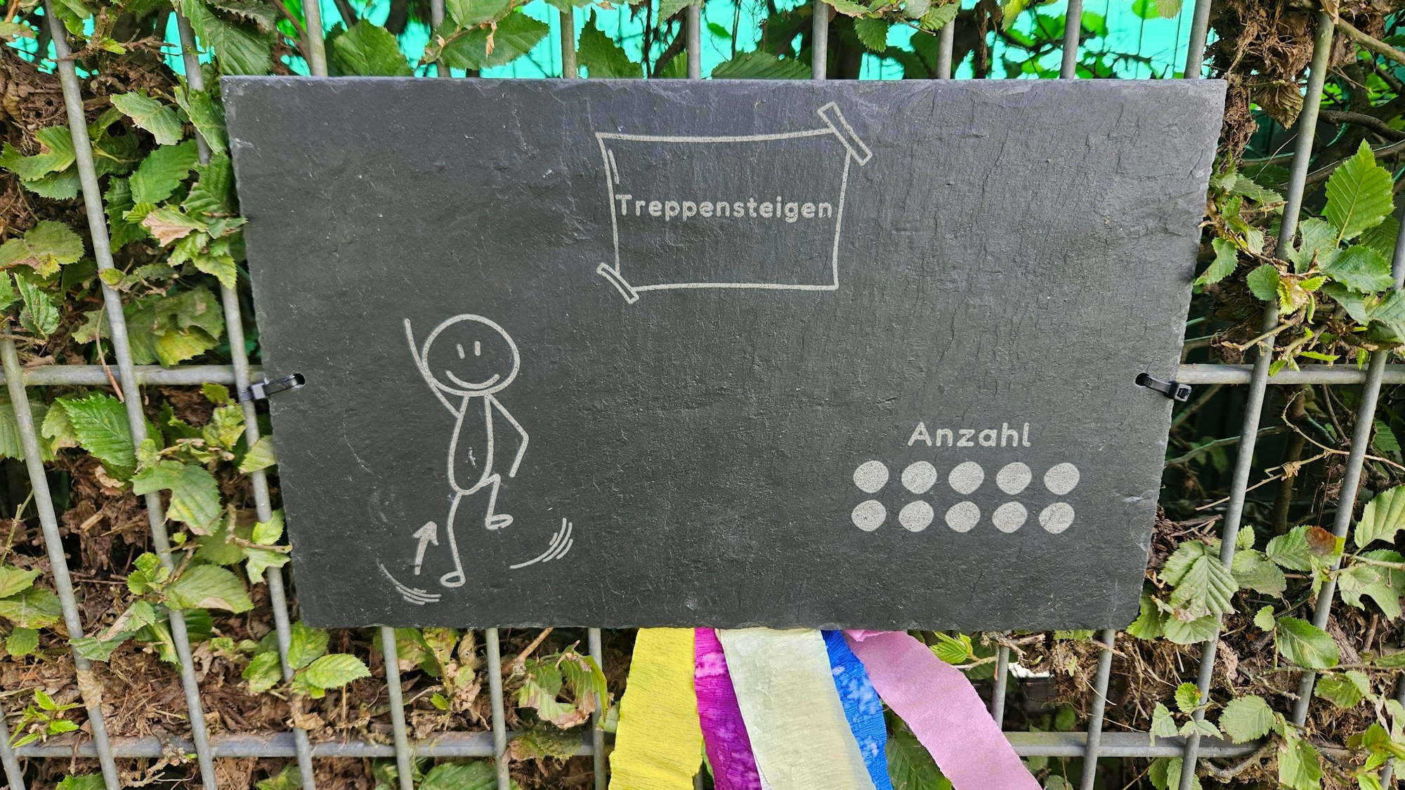 Auf einer Schiefertafel ist en Strichmännchen zu sehen, das Treppen steigt.