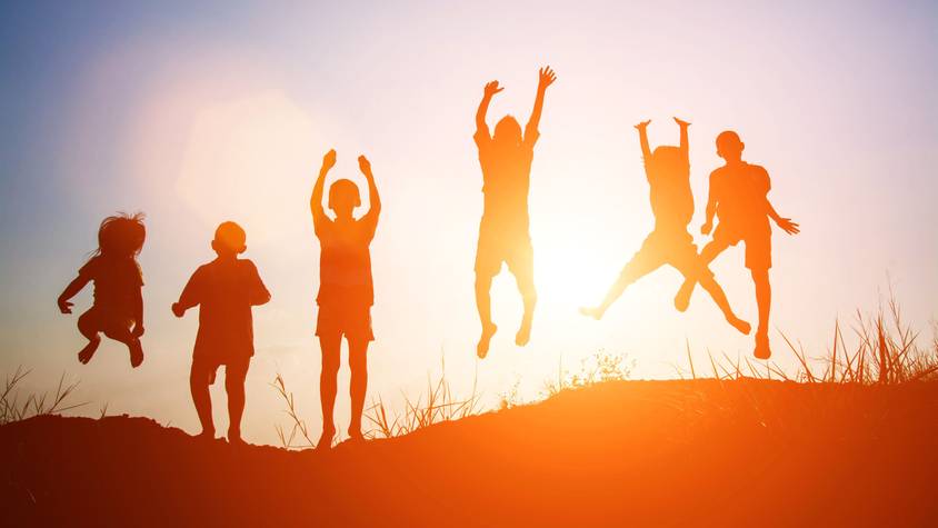 Silhouette of children jump gladness happy time.