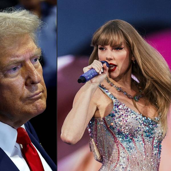 (COMBO) This combination of pictures created on September 15, 2024 shows
US Republican presidential nominee, former US President Donald Trump speaking to reporters in the spin room after debating Democratic presidential nominee, US Vice President Kamala Harris, at Pennsylvania Convention Center on September 10, 2024 in Philadelphia, Pennsylvania.
US singer and songwriter Taylor Swift performs on stage as part of her Eras Tour in Lisbon on May 24, 2024.. The tweet came as a surprise, even from the provocative Donald Trump: "I HATE TAYLOR SWIFT!" the former president said on September 15, 2024. Though the all-caps post came without accompanying commentary or explanation, the context was clear. On Tuesday, just minutes after a debate with Vice President Kamala Harris that Republican Trump was widely seen as losing, the superstar singer/songwriter posted a message on Instagram saying she would be voting for his Democratic rival, calling Harris a "steady-handed, gifted leader." (Photo by Kevin Dietsch and ANDRE DIAS NOBRE / various sources / AFP)