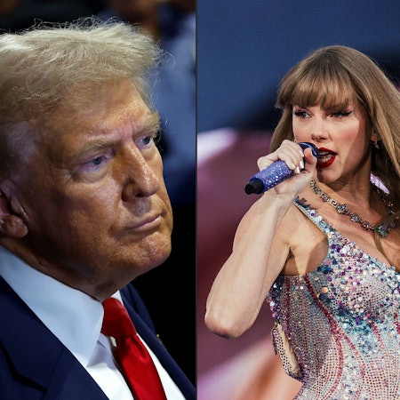 (COMBO) This combination of pictures created on September 15, 2024 shows
US Republican presidential nominee, former US President Donald Trump speaking to reporters in the spin room after debating Democratic presidential nominee, US Vice President Kamala Harris, at Pennsylvania Convention Center on September 10, 2024 in Philadelphia, Pennsylvania. 
US singer and songwriter Taylor Swift performs on stage as part of her Eras Tour in Lisbon on May 24, 2024.. The tweet came as a surprise, even from the provocative Donald Trump: "I HATE TAYLOR SWIFT!" the former president said on September 15, 2024.  Though the all-caps post came without accompanying commentary or explanation, the context was clear. On Tuesday, just minutes after a debate with Vice President Kamala Harris that Republican Trump was widely seen as losing, the superstar singer/songwriter posted a message on Instagram saying she would be voting for his Democratic rival, calling Harris a "steady-handed, gifted leader." (Photo by Kevin Dietsch and ANDRE DIAS NOBRE / various sources / AFP)