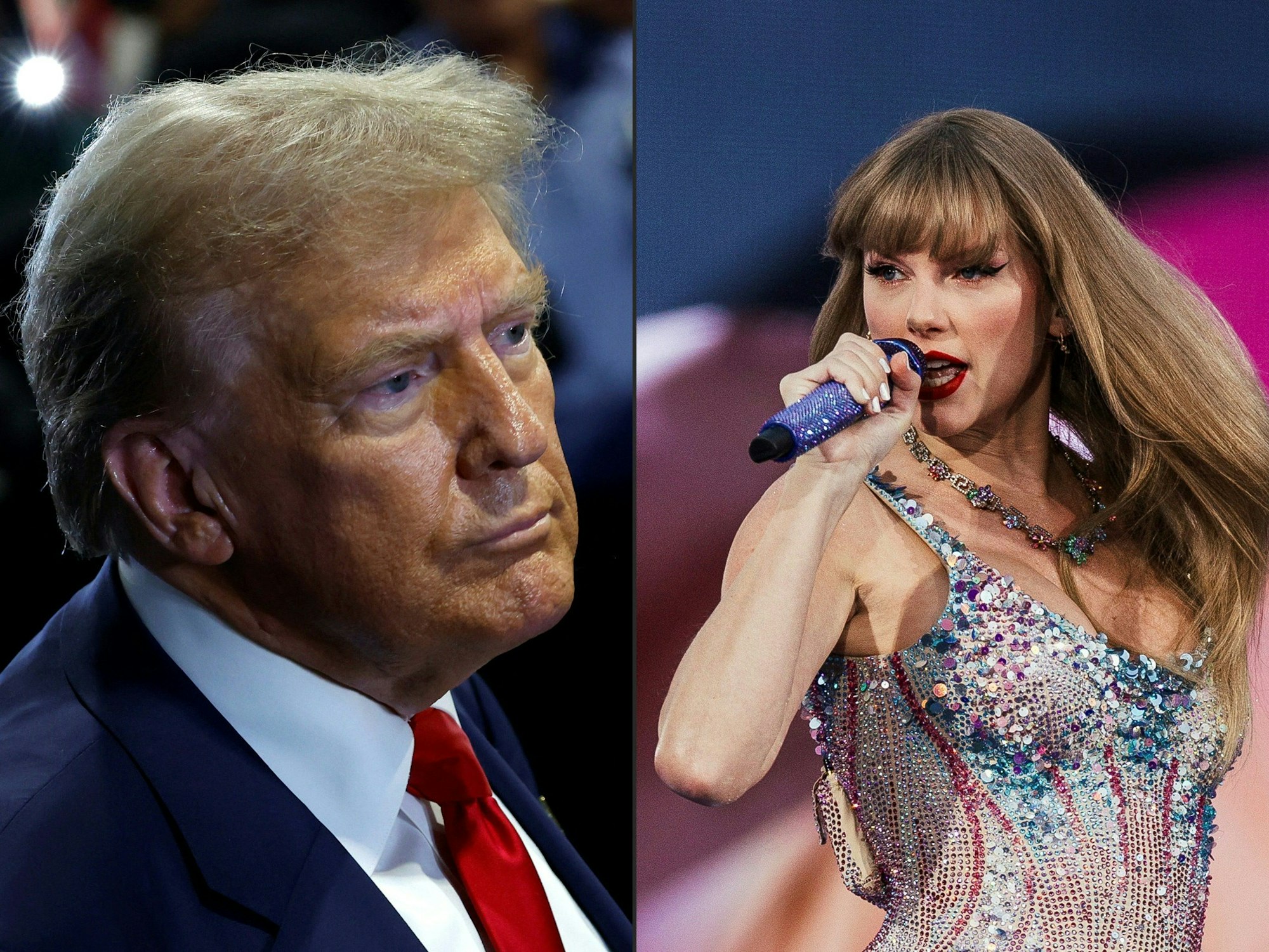 (COMBO) This combination of pictures created on September 15, 2024 shows
US Republican presidential nominee, former US President Donald Trump speaking to reporters in the spin room after debating Democratic presidential nominee, US Vice President Kamala Harris, at Pennsylvania Convention Center on September 10, 2024 in Philadelphia, Pennsylvania. 
US singer and songwriter Taylor Swift performs on stage as part of her Eras Tour in Lisbon on May 24, 2024.. The tweet came as a surprise, even from the provocative Donald Trump: "I HATE TAYLOR SWIFT!" the former president said on September 15, 2024.  Though the all-caps post came without accompanying commentary or explanation, the context was clear. On Tuesday, just minutes after a debate with Vice President Kamala Harris that Republican Trump was widely seen as losing, the superstar singer/songwriter posted a message on Instagram saying she would be voting for his Democratic rival, calling Harris a "steady-handed, gifted leader." (Photo by Kevin Dietsch and ANDRE DIAS NOBRE / various sources / AFP)