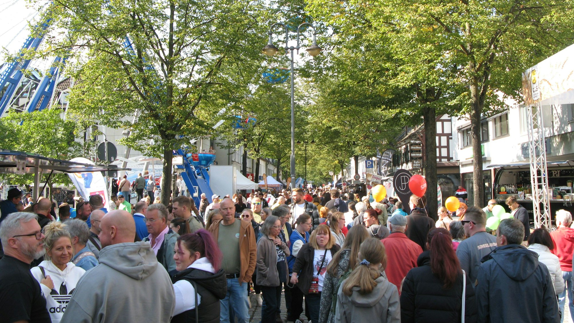 Eine Menschenmenge auf der Straße, im Hintergrund steht ein Riesenrad.