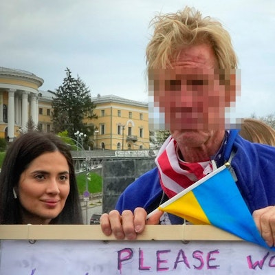 Ryan Wesley Routh takes part in a rally in central Kyiv, Ukraine, Saturday, April 30, 2022. (AP Photo/Efrem Lukatsky)
