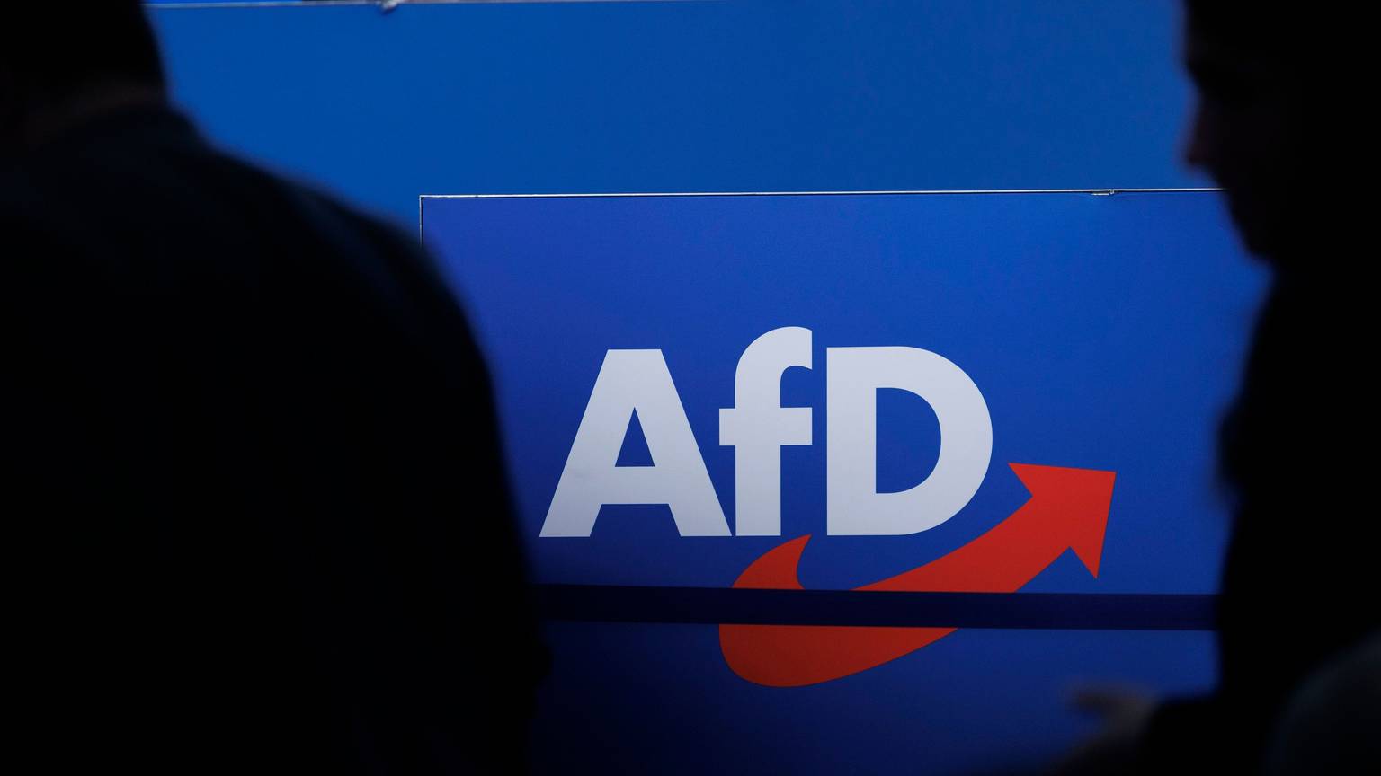 Delegierte gehen vor dem Parteilogo bei dem AfD-Bundesparteitag in Magdeburg.