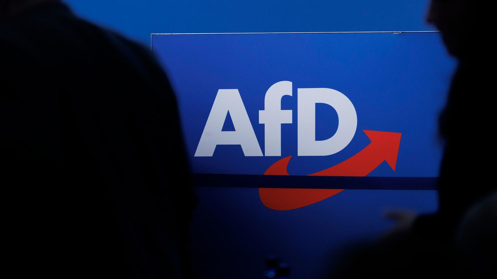 Delegierte gehen vor dem Parteilogo bei dem AfD-Bundesparteitag in Magdeburg.