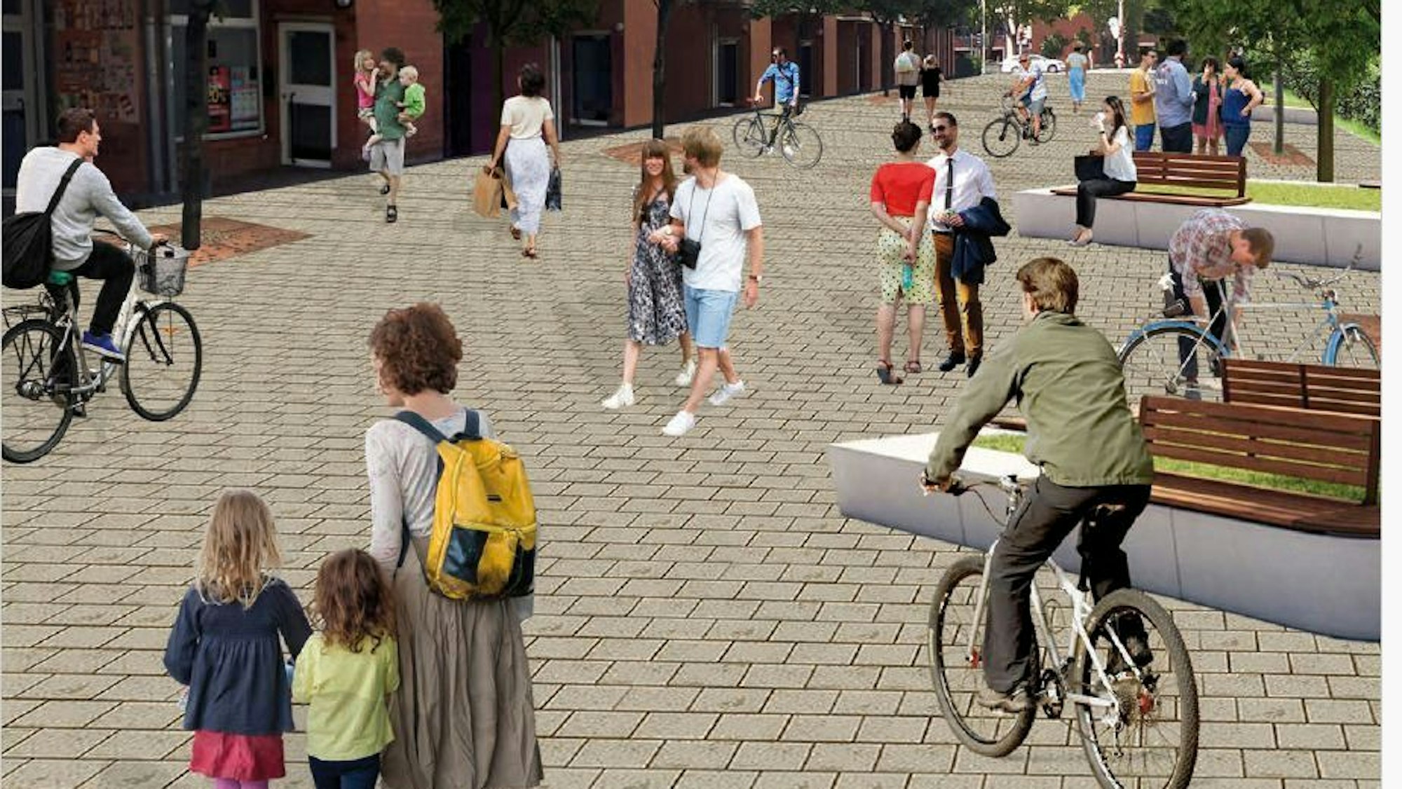 SO könnte nach Meinung des Bündnisses Porz-Mitte eine autofreie Karlstraße in Porz-Mitte aussehen.