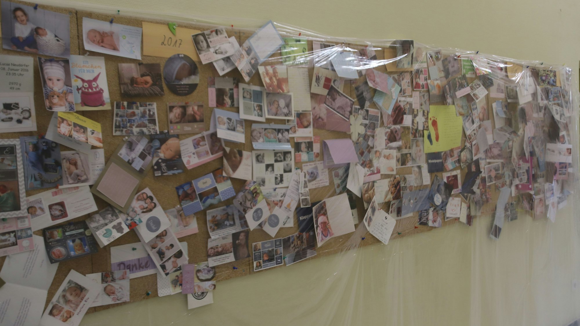 Bilder von Babys hängen an der Wand.
