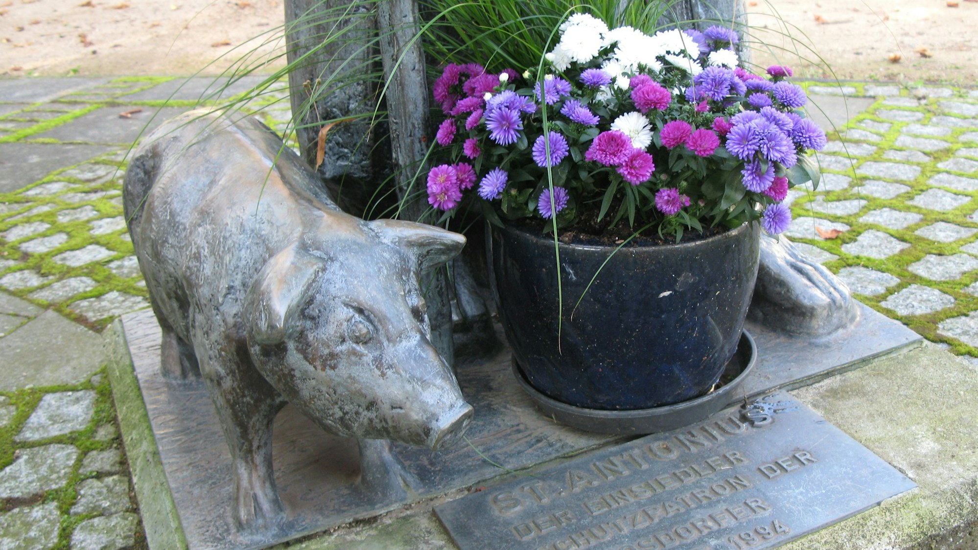 Eine Schweine-Skulptur mit Blumentopf am Fuß einer Heiligenfigur.
