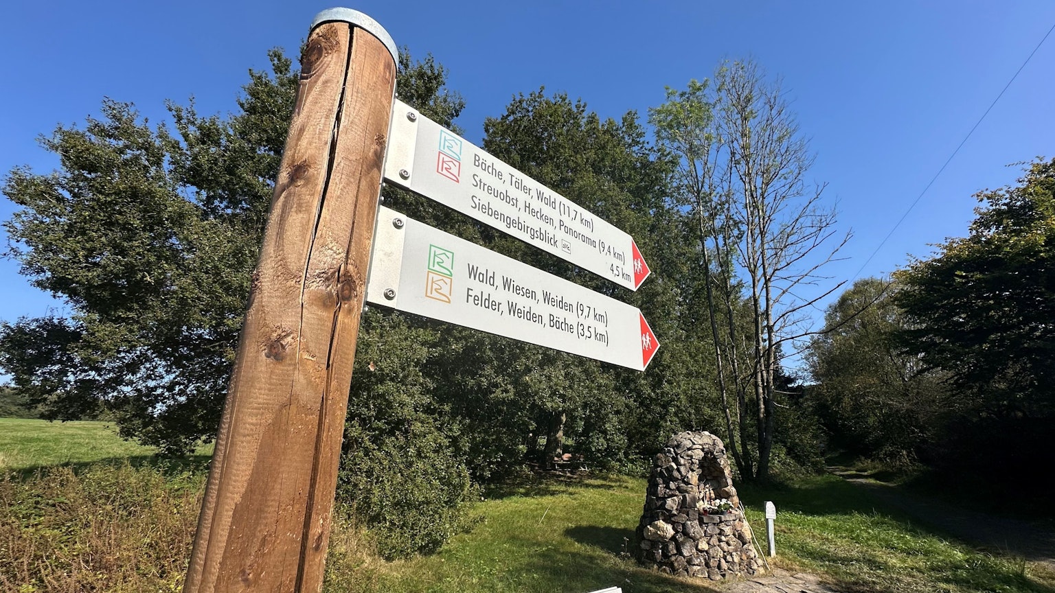 Ein Wegweiser mit zwei Schildern weist auf mehrere Wanderwege hin.