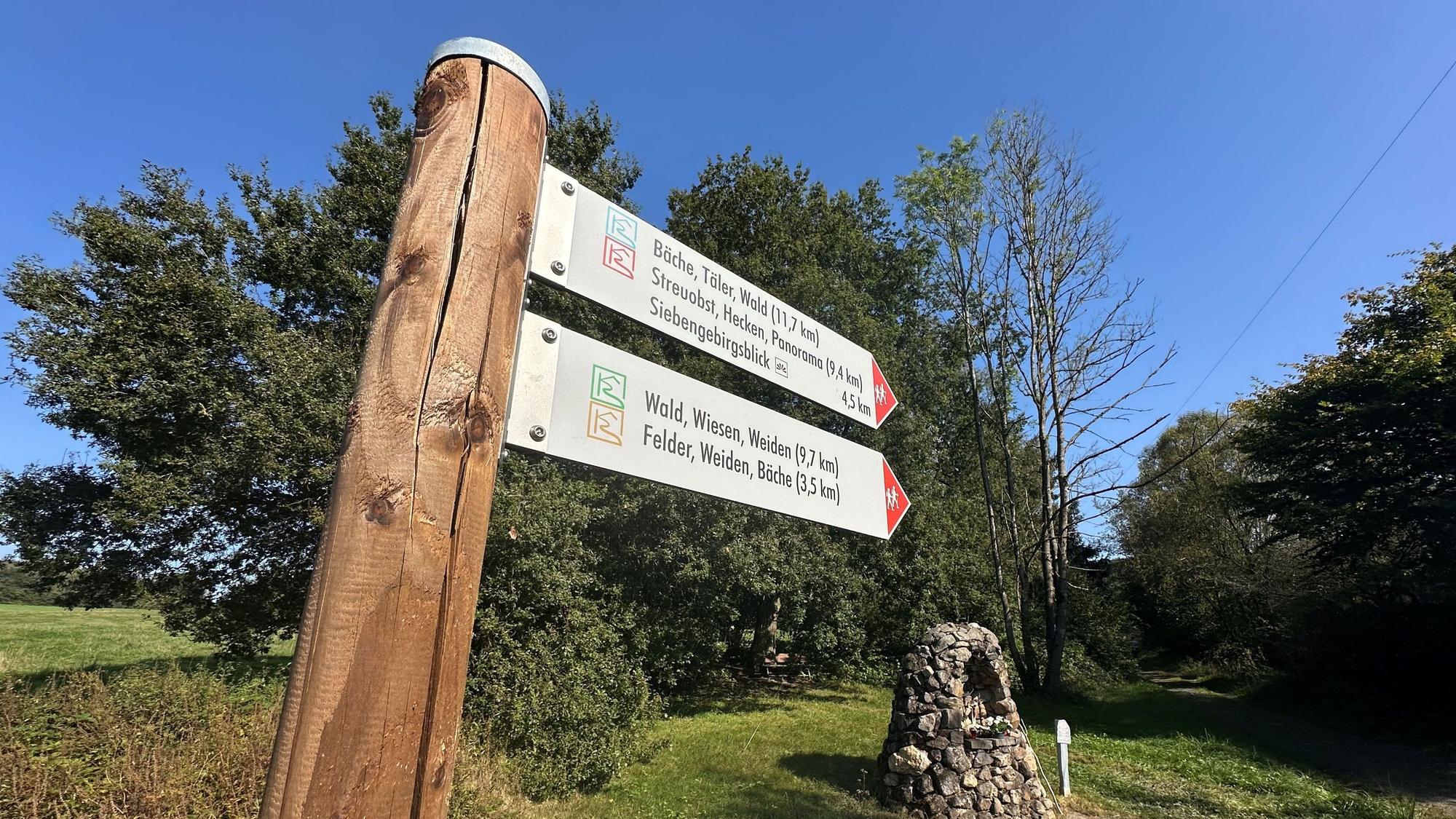 Zwei Wegweiser an einem Holzpfahl
