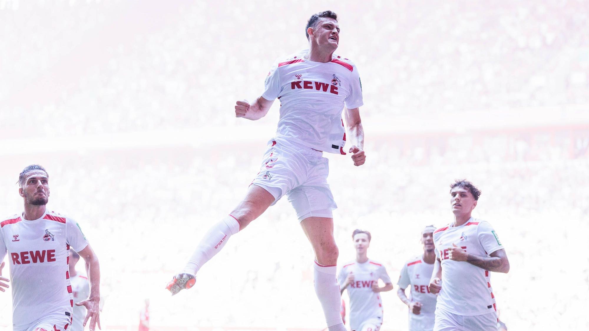 Hoch hinaus: Eric Martel bejubelt seinen Kopfballtreffer zur Kölner 1:0-Führung.