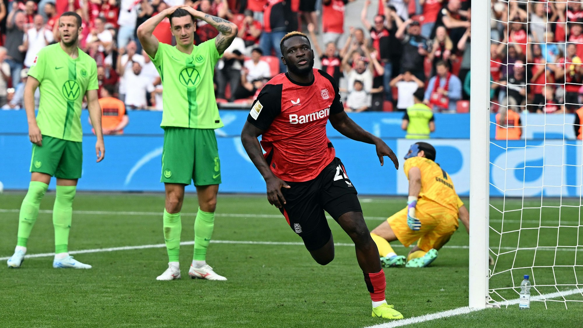 Fußball: Bundesliga, Bayer Leverkusen - VfL Wolfsburg, 4. Spieltag, in der BayArena, Leverkusens Victor Boniface bejubelt sein Tor zum 4:3.