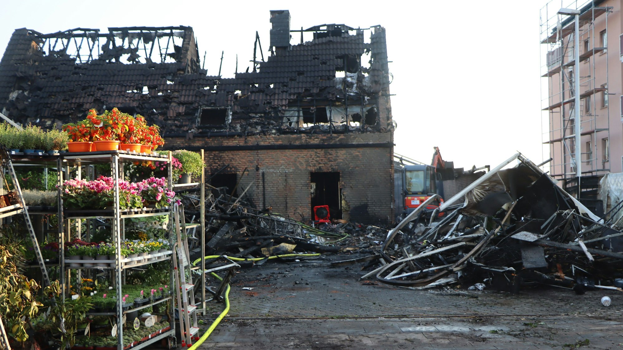Auf dem Foto sind die niedergebrannte Gärtnerei und das Wohnhaus zu sehen.