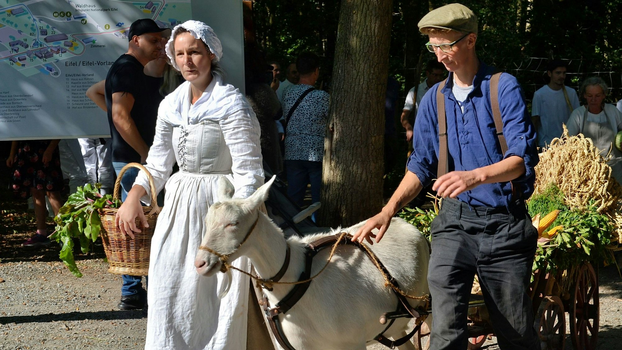 Eine Frau und ein Mann in historischer Bekleidung gehen neben einer Ziege, die einen Karren zieht.
