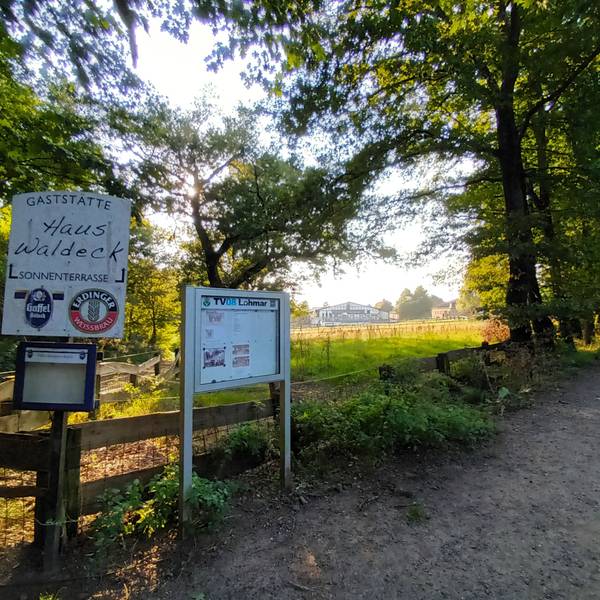 Eine umzäunte Wiese an einem Waldweg mit einem Hinweisschild