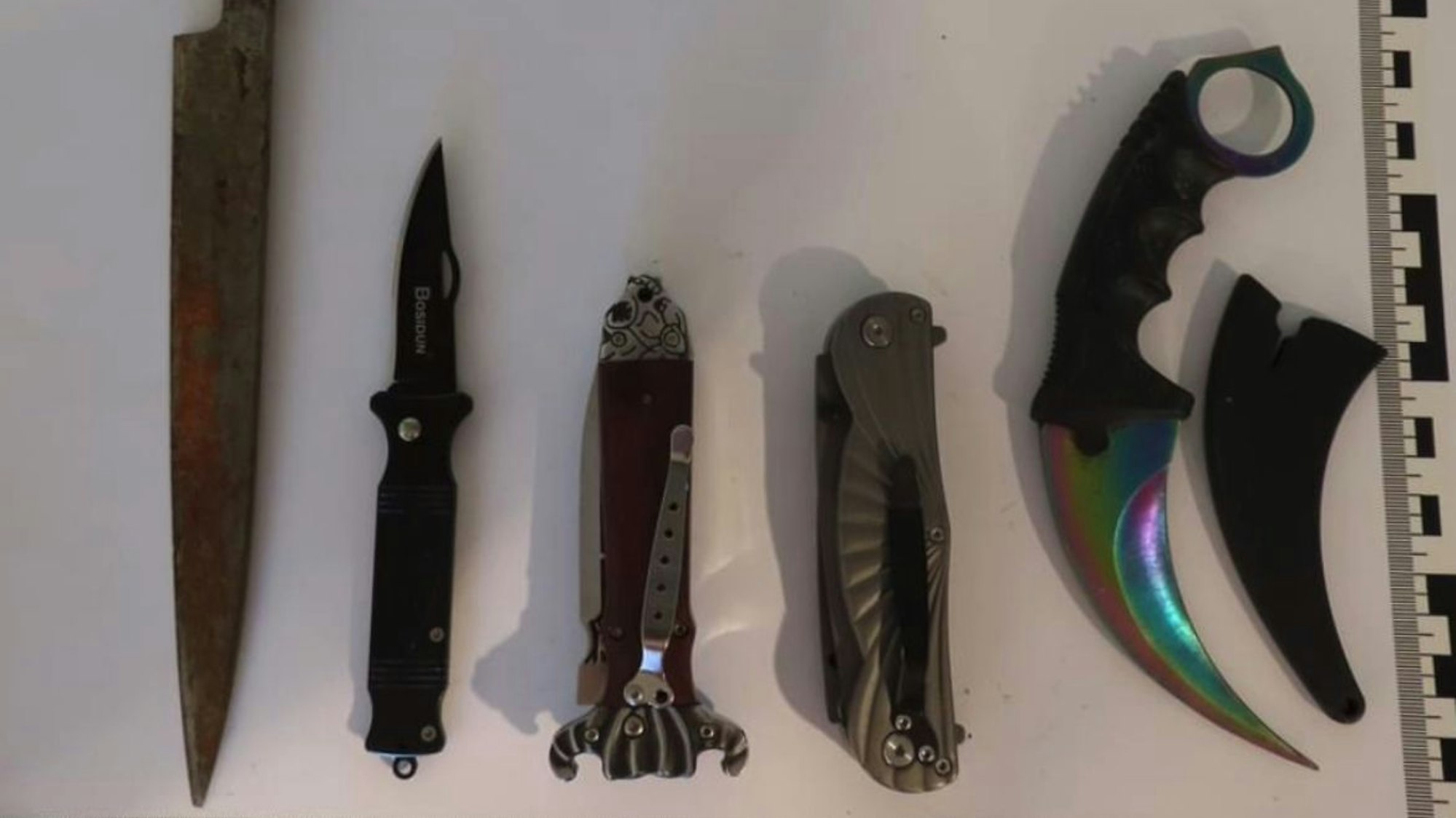 Das Bild zeigt fünf unterschiedliche Messer.