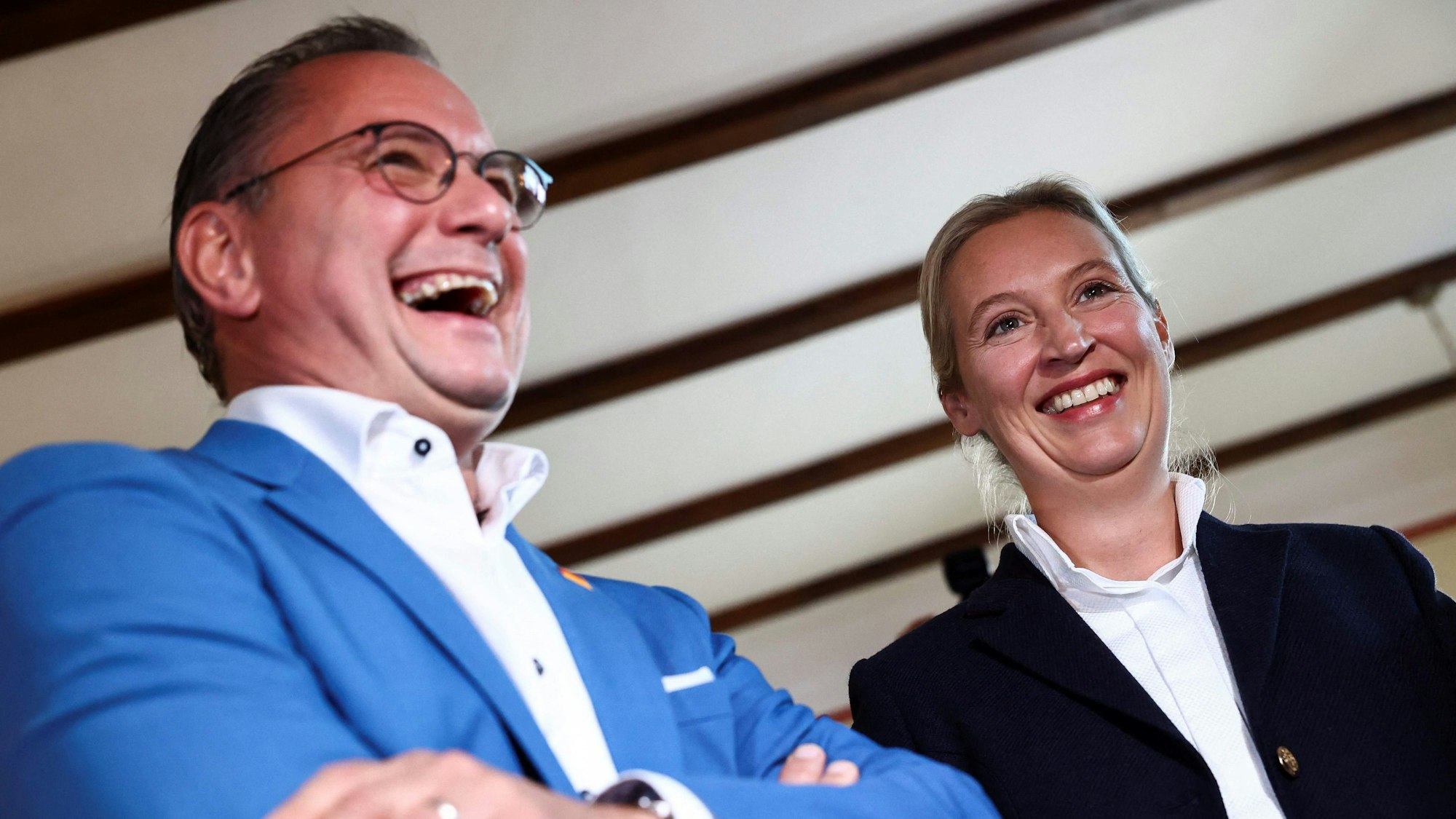 Die AfD-Parteichefs Tino Chrupalla und Alice Weidel feierten bei der Wahlparty der AfD in Potsdam das starke Ergebnis ihrer Partei.