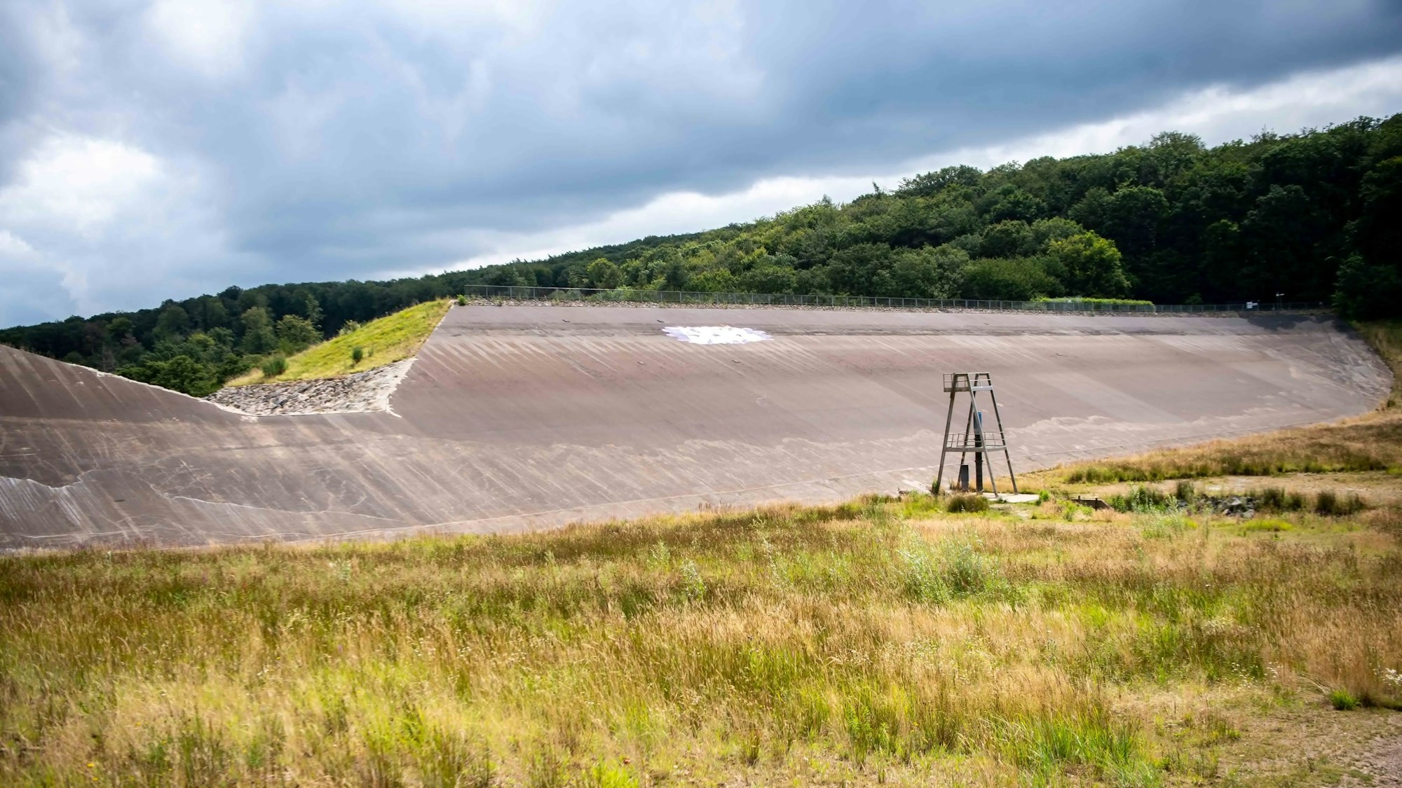 Das Bild zeigt den Damm der leeren Steinbachtalsperre, in der Gräser und Sträucher wachsen.