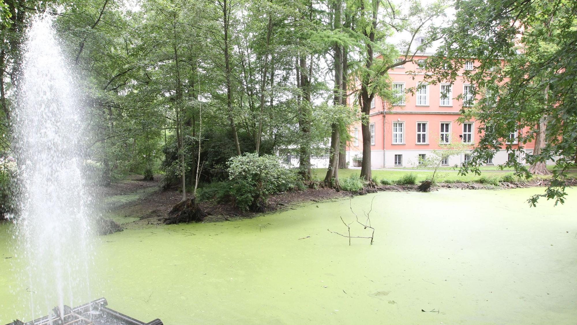 Eine Wasserfläche vor einem historischen Gebäude