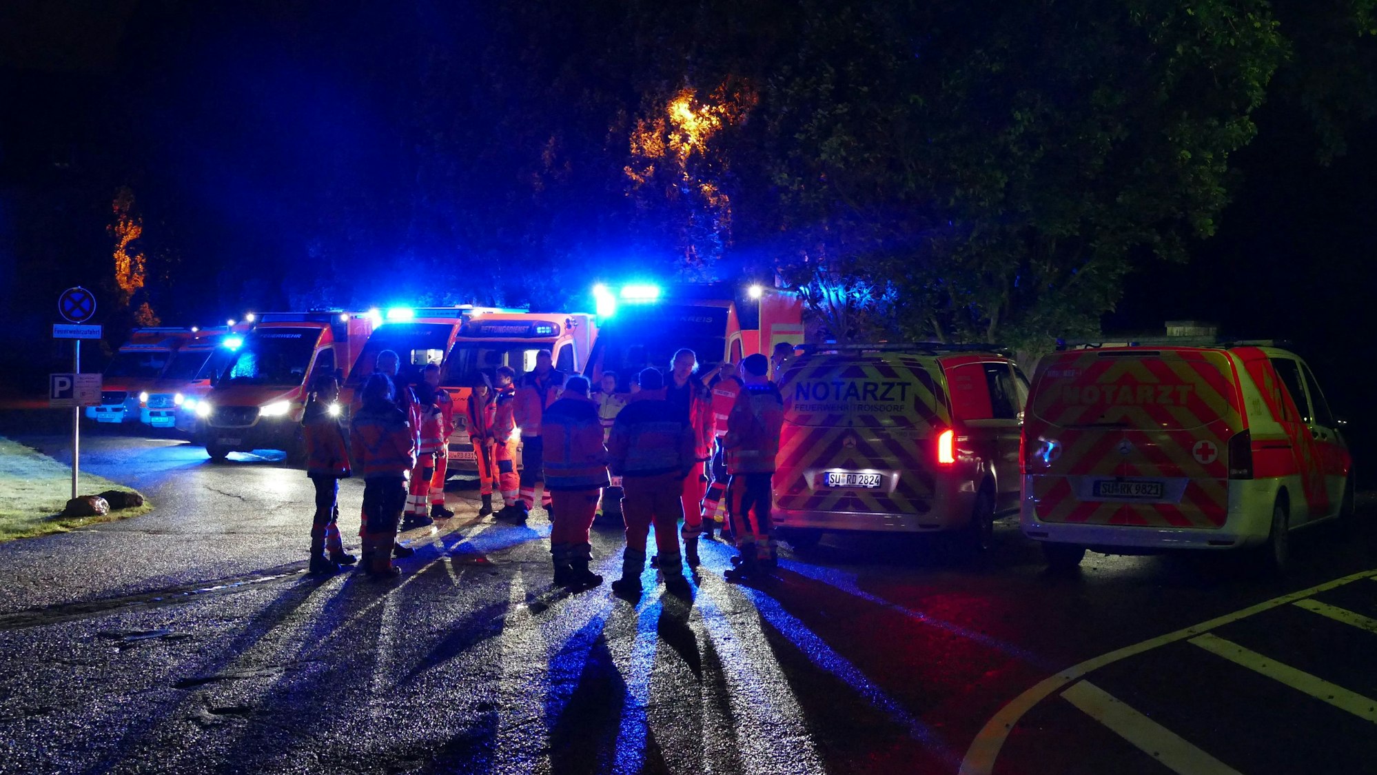 Mehrere Rettungswagen mit Blaulicht in der Dunkelheit.
