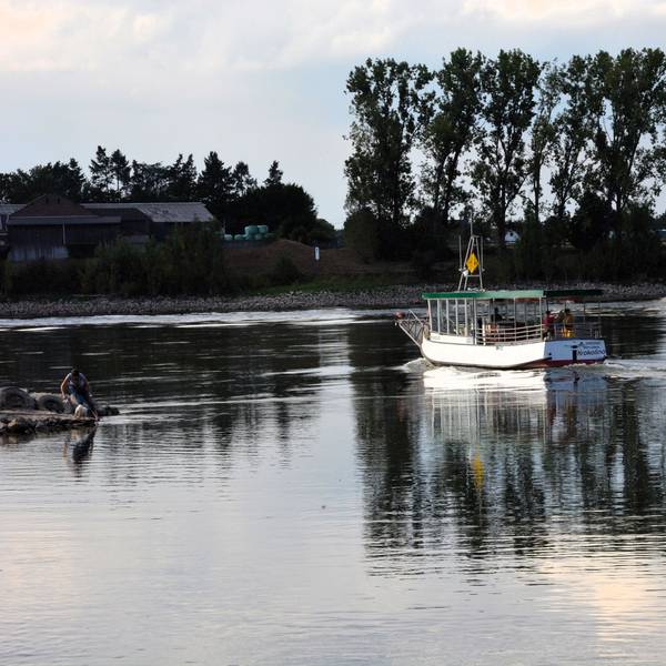 Zu sehen ist die Fähre zwischen Zündorf und Weiß auf dem Rhein.