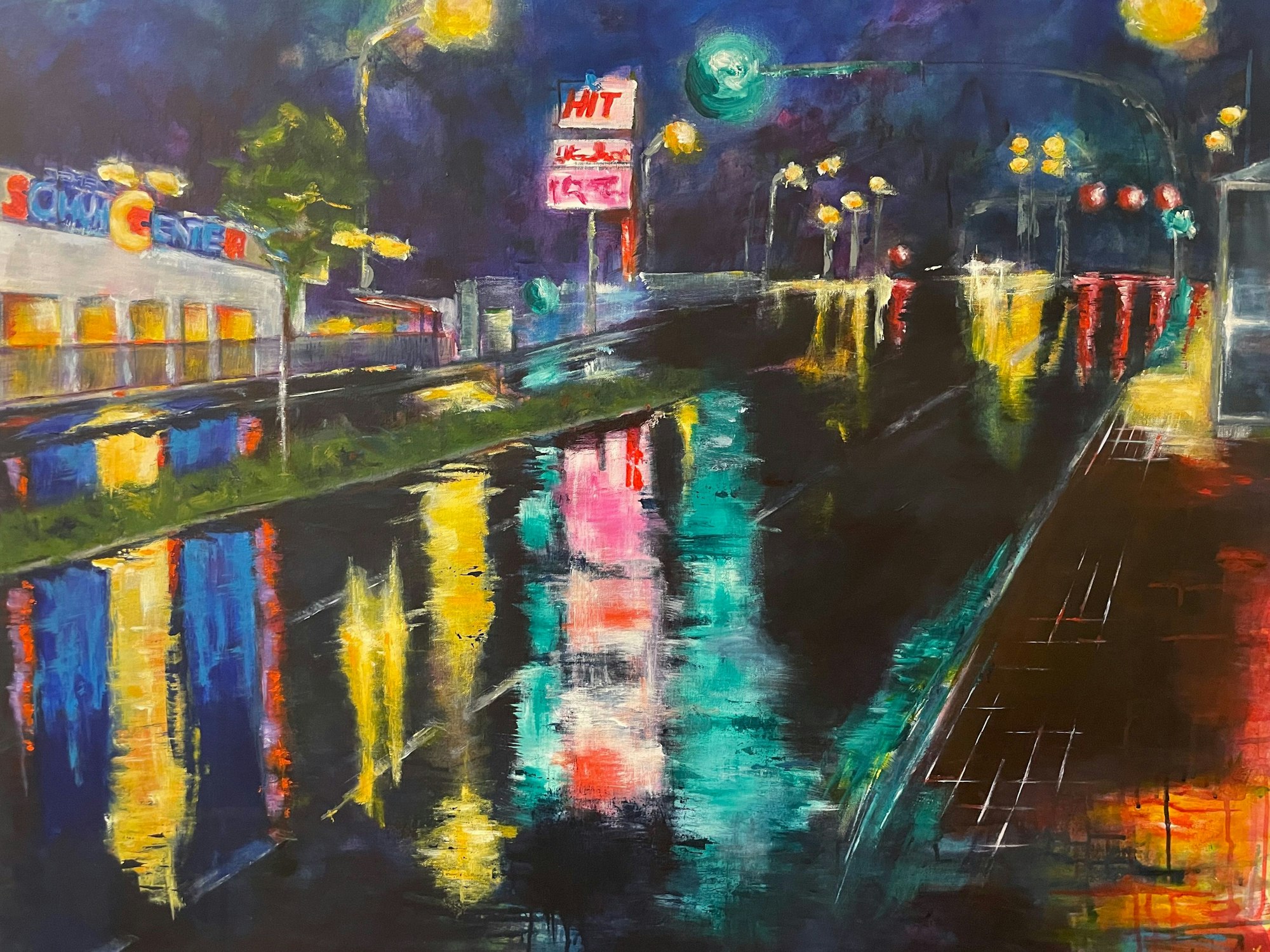 Das Bild zeigt ein recht farbenfrohes Bild, obwohl es die Dunkelheit an einer Kreuzung in Euskirchen zeigt.