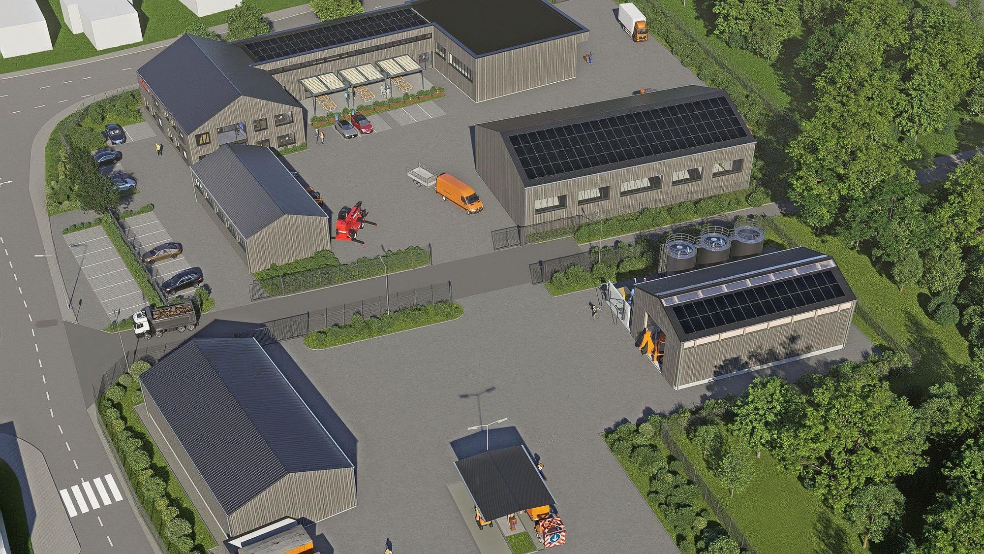 Eine Visualisierung zeigt aus der Vogelperspektive ein mit mehreren Gebäuden und Hallen bebautes Areal mit Innenhöfen, Parkplätzen und Fahrzeugen.