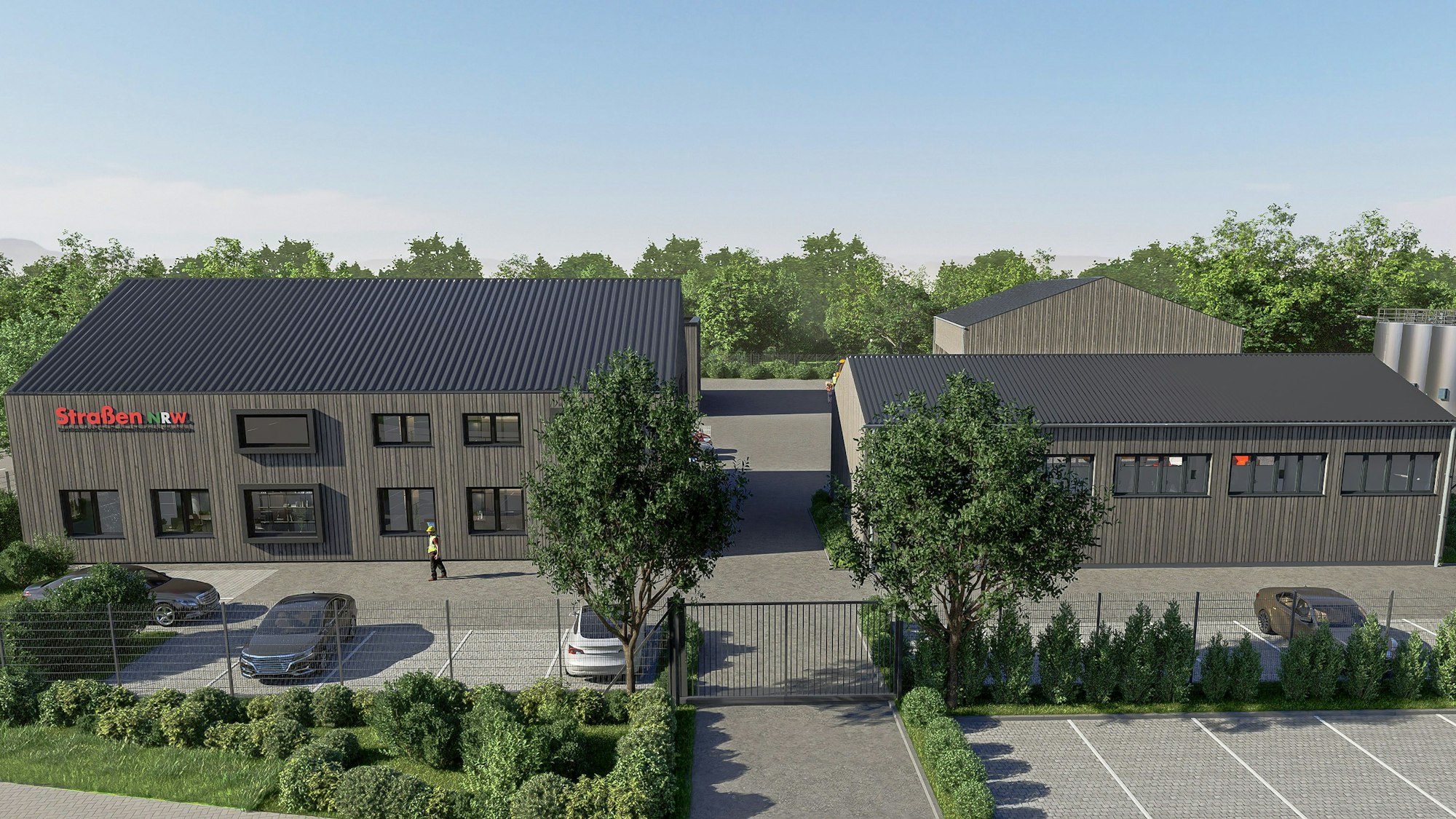 Visualisierung von zwei Neubauten, einer mit Büros und eine Halle, mit Parkplätzen, einem Zaun und einem Tor.