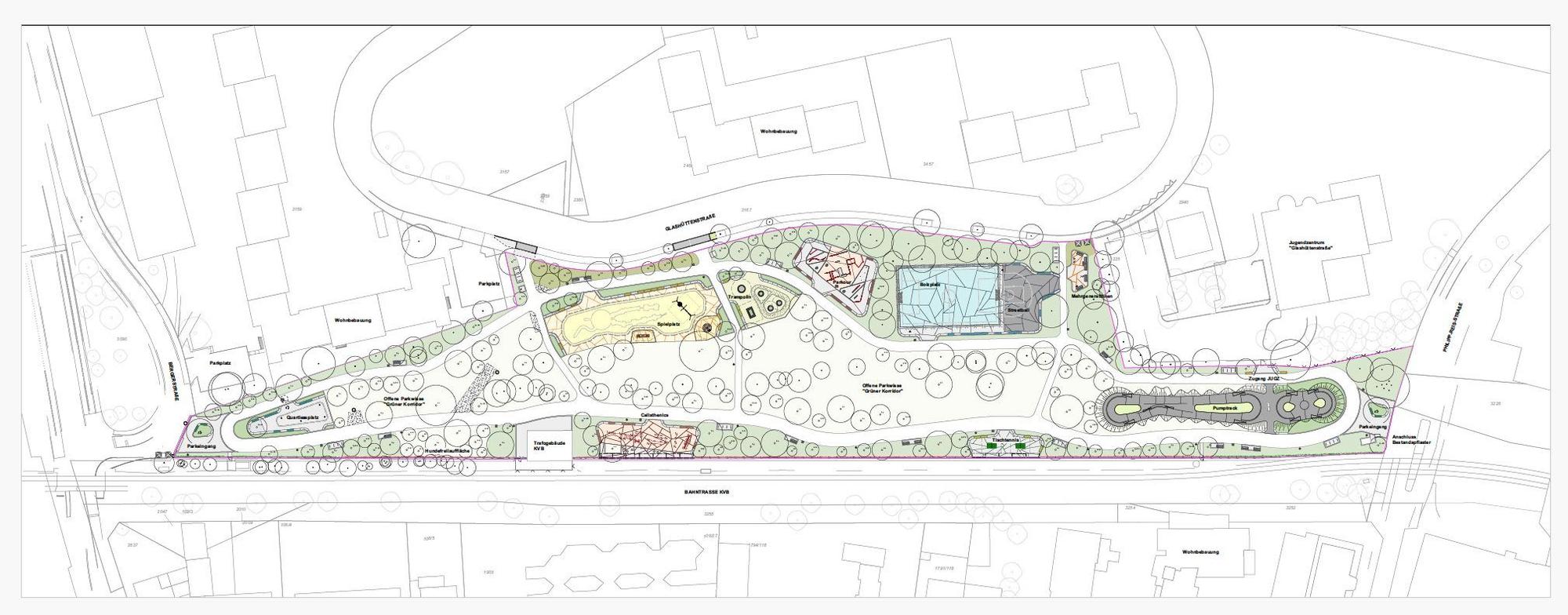 Ein Plan der Stadt, wie der Park an der Glashüttenstraße in Porz künftig aussehen soll.