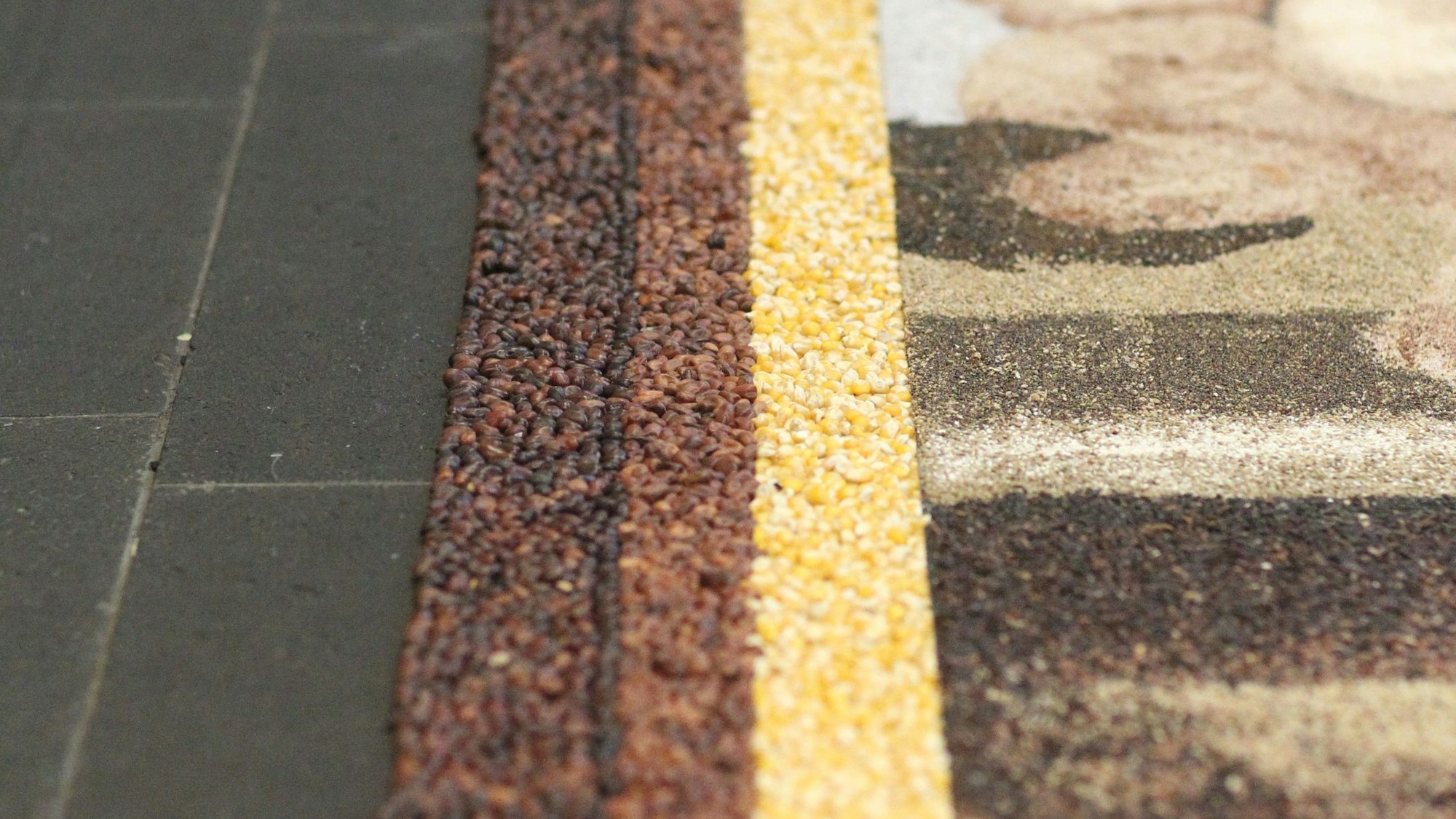 Nahaufnahme des Ernteteppich-Randes mit braunen Bohnen und gelben Maiskörnern, die den Rahmen des Bildes bilden.