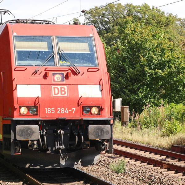 Eine Lokomotive zieht Güterzüge hinter sich her.