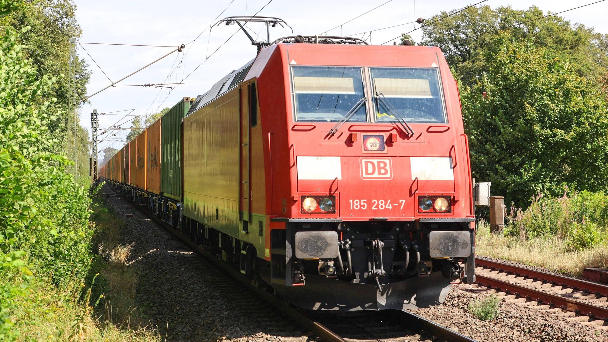 Eine Lokomotive zieht Güterzüge hinter sich her.