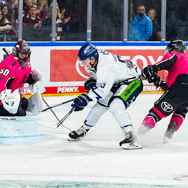Premiere in Pink: Der neue Haie-Goalie Julius Hudacek (l.) war gegen Danjo Leonhardt und die Straubing Tigers der erhofft sichere Rückhalt.