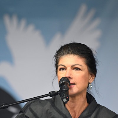 Sahra Wagenknecht, leader of the left-wing Sahra Wagenknecht Alliance (BSW) party
addresses an anti-war demonstration in Berlin on October 3, 2024. (Photo by RALF HIRSCHBERGER / AFP)