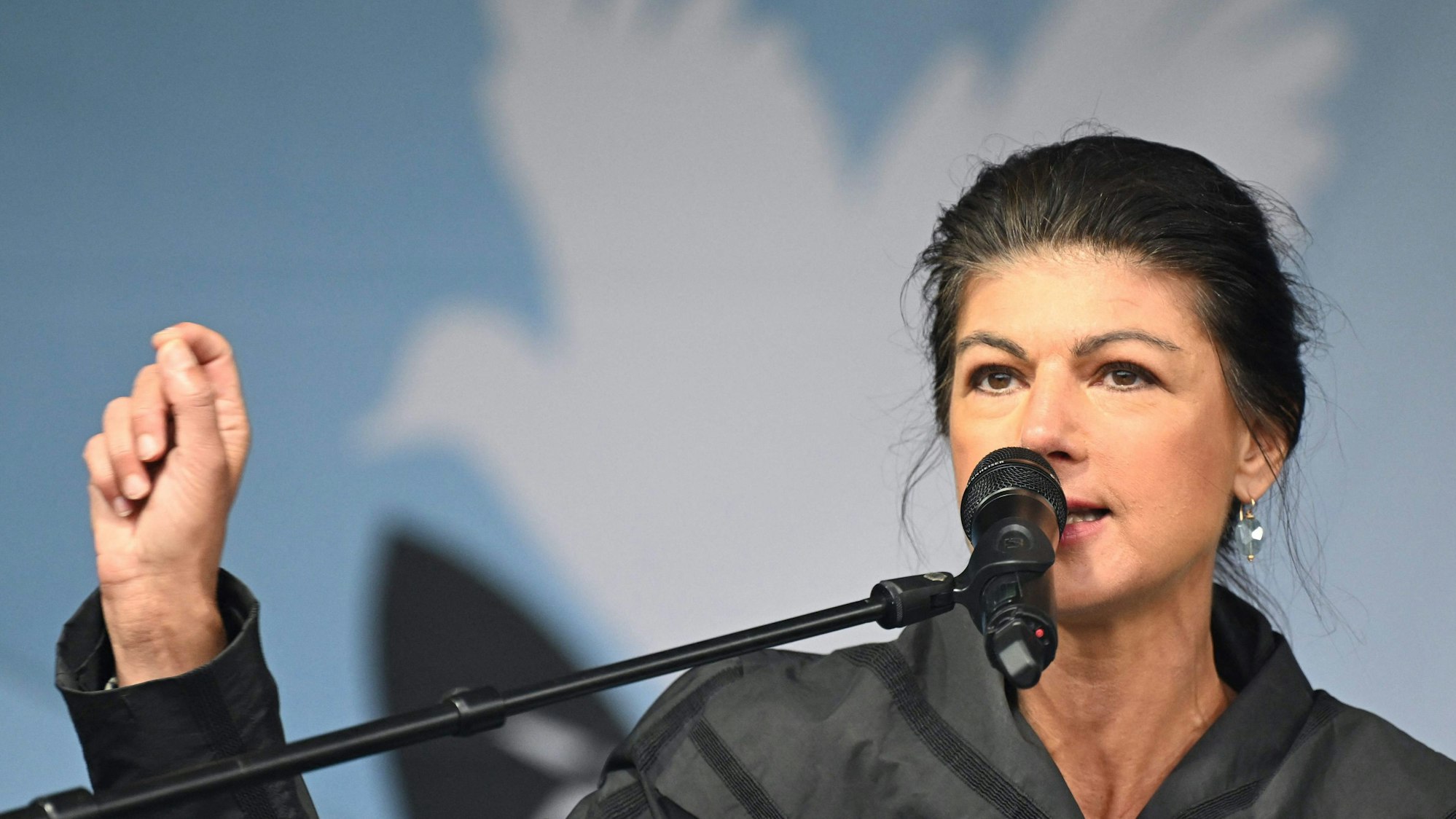 Sahra Wagenknecht, leader of the left-wing Sahra Wagenknecht Alliance (BSW) party
addresses an anti-war demonstration in Berlin on October 3, 2024. (Photo by RALF HIRSCHBERGER / AFP)